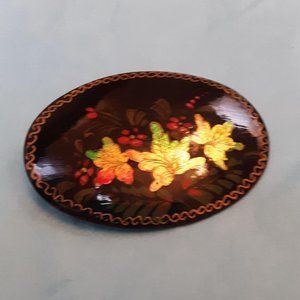 Vintage Russian Lacquer Brooch Pin, Hand Painted Signed, Russian Folk Art